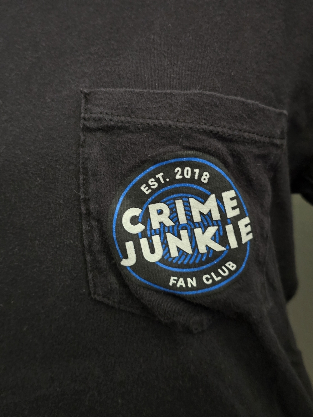 Crime Junkie Fan Club Black Blue And White T-shirt With Front Pocket - Picture 2 of 8